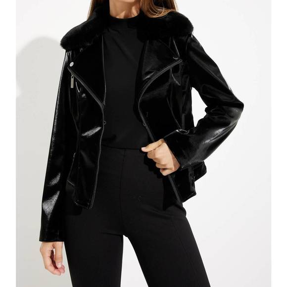 Joseph Ribkoff Shiny Biker Jacket With Faux Fur Collar Black